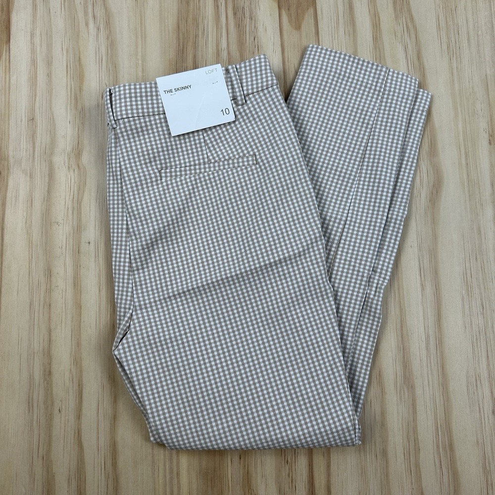 LOFT Women's NEW Gingham The Skinny Pants Brown White Plaid Size 10 Stretch Prep